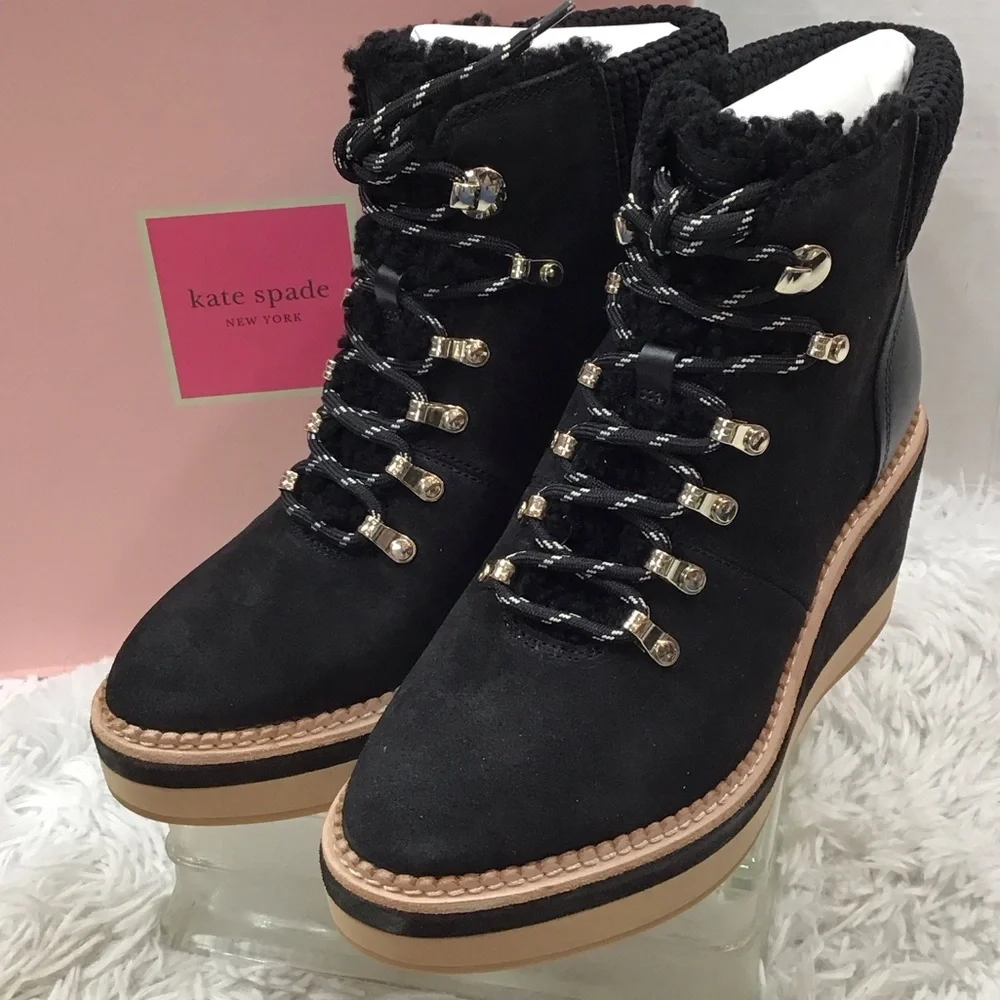 Kate Spade Black suede lamb fur Willow wedge heel Winter Boots with Tan Sole NIB